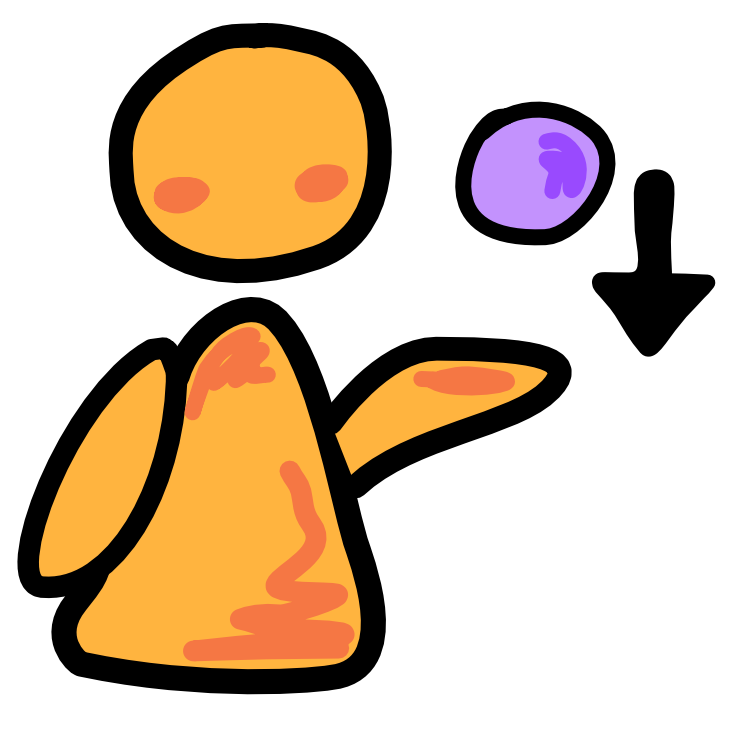  yellow figure with arm out. Above its arm hovers a purple ball with an arrow next to it pointing down